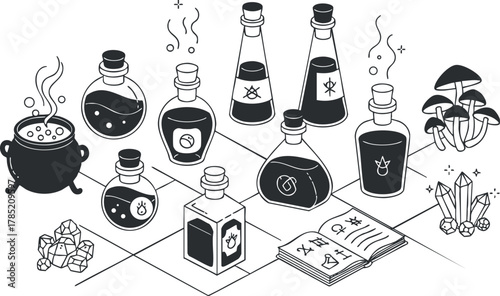 Minimalist black and white vector illustration of various potions and alchemical elements for magical and fantasy-themed design projects