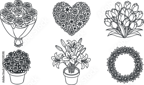 Hand-drawn black and white vector illustration set of floral designs including bouquets, heart shapes, and wreaths