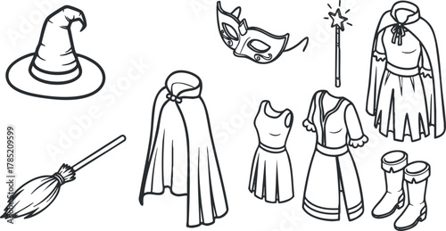 Outline vector illustration of various fantasy costumes including a witch hat, broom, capes, and accessories for creative projects