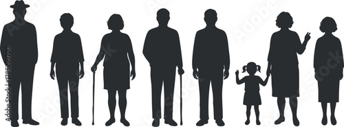 Silhouette vector illustration depicting a diverse family across different generations, ideal for community and family-themed design projects