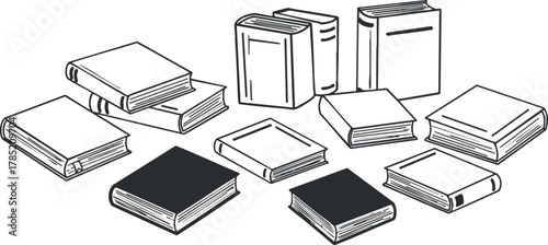 Outline vector illustration of various books in different orientations for educational and literary design projects