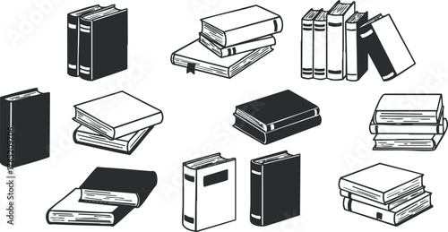 Vector illustration of a collection of books in various styles, ideal for educational and literary design projects