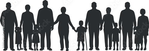 Silhouette vector illustration of a diverse family group representing multiple generations holding hands in unity and love
