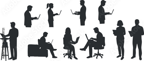 Collection of vector silhouettes depicting diverse professionals engaging with laptops in various work scenarios for digital and branding projects