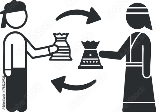 Minimalist black and white vector illustration depicting two people exchanging items, ideal for business and communication concepts.