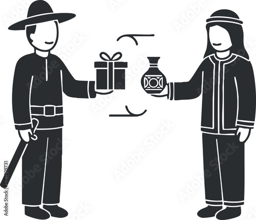 Minimalist black and white vector illustration of two people exchanging gifts, showcasing cultural traditions and celebration.