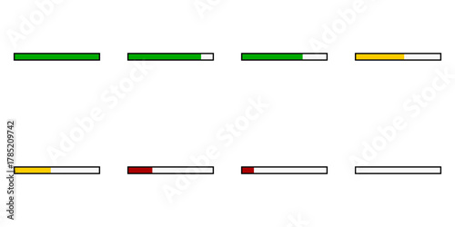 Sprite Sheet of a Draining Health Bar Icon Set with Green, Yellow and Red Steps for Game UI Animation. Vector Image.