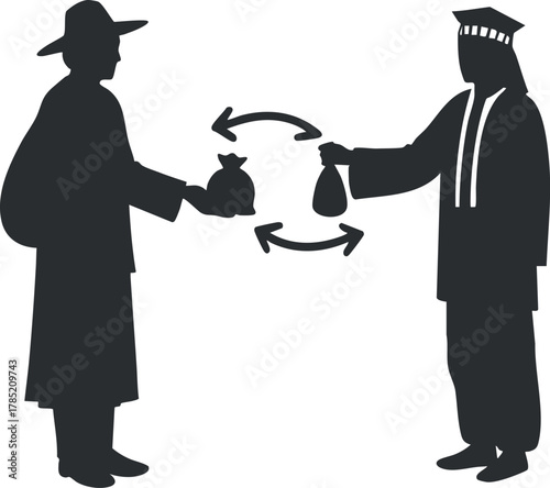 Silhouette vector illustration of two figures exchanging bags of money, symbolizing trade and financial transactions.