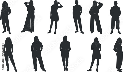 Set of modern silhouette vector illustrations featuring diverse women in various poses and outfits for design projects