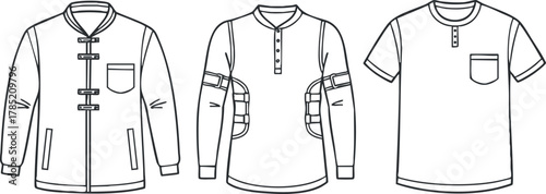 Outline vector illustration of various clothing styles including jacket, henley shirt, and t-shirt for fashion design projects
