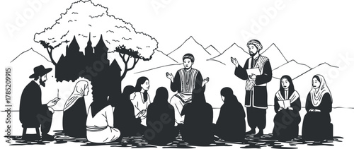 Silhouette vector illustration of a community gathering around storytelling in a natural landscape for cultural themes