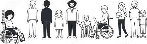 Diverse vector illustration depicting a variety of people including individuals with disabilities, showcasing inclusivity and community support in a modern style