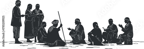 Silhouette vector illustration depicting a traditional gathering of diverse people engaged in conversation and cultural exchange
