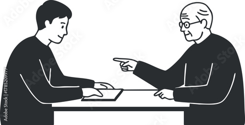 Modern flat design of an interaction between a young person and an elderly mentor in a discussion context