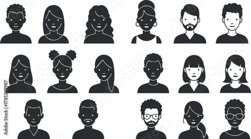 Collection of minimalist black and white vector illustrations featuring diverse silhouettes of men and women for user profiles or community design.