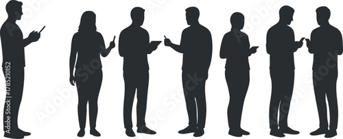 Silhouette vector illustration depicting a group of people engaged in communication using smartphones, suitable for technology and social interaction themes