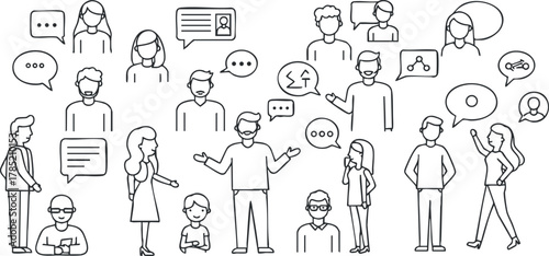 Outline vector illustration of diverse people engaging in conversation, showcasing communication and interaction themes for social platforms and design projects