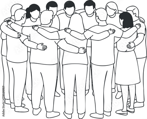 Outline vector illustration of diverse people embracing in a circle symbolizing unity, collaboration, and togetherness for community projects