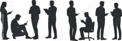 Silhouette vector icon set showing diverse people interacting with smartphones and tablets in various poses for digital communication themes