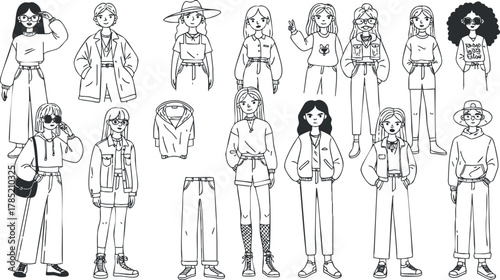 Stylish black and white vector illustration set featuring diverse women in trendy outfits for fashion and design projects