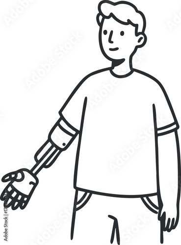 Outline vector illustration of a person wearing a modern prosthetic arm, suitable for health and technology concepts.