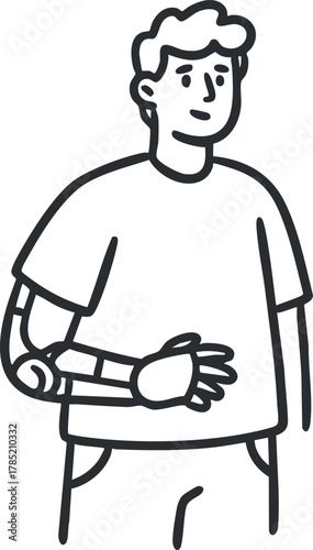 Outline vector illustration of a man with a robotic arm showcasing modern technology and innovation in healthcare.