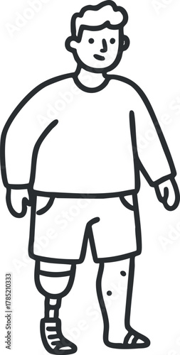 Minimalist outline vector illustration of a man walking with a prosthetic leg, symbolizing resilience and active lifestyle.