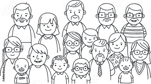 Line art vector illustration featuring a diverse group of family members and friends in a cheerful gathering.