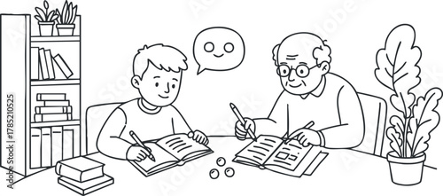 Line art illustration depicting a child and grandfather reading together, showcasing education and family bonding at home