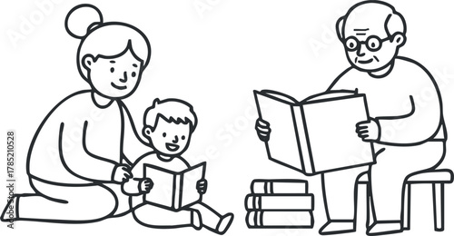 Outline vector illustration depicting a mother and child reading together while a grandfather enjoys a book, ideal for educational themes