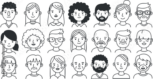 Collection of diverse vector illustrations of people’s faces in black and white, ideal for social media and branding projects