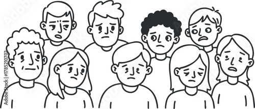 Black and white vector illustration of a group of people displaying various emotions, suitable for mental health awareness and social projects
