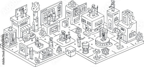 Detailed isometric vector illustration depicting a modern business environment with diverse characters engaged in various activities and interactions