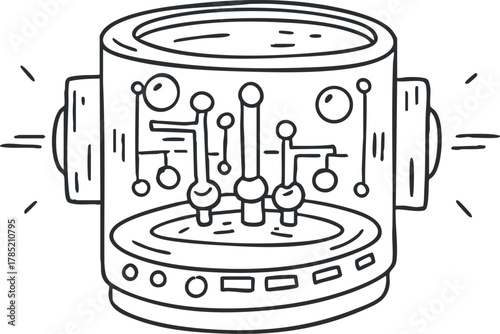 Outline illustration of a futuristic laboratory device with controls and indicators for scientific analysis and experimentation