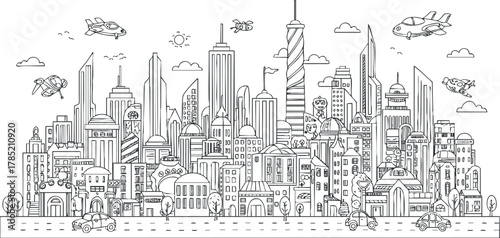 Detailed line art vector illustration of a bustling city skyline featuring skyscrapers, vehicles, and urban elements for design projects.