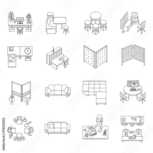 office furniture arrangement showcasing diverse layouts for collaborative workspaces isolated on white reflecting modern office design and workspace planning use cases.