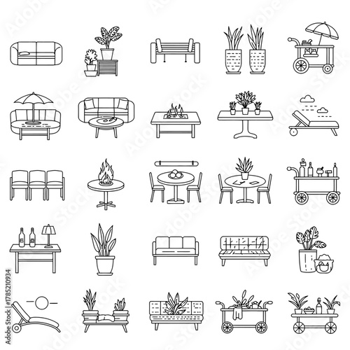 outdoor furniture collection seating tables plants and carts for patio decor creating a relaxing outdoor living space and garden design elements.