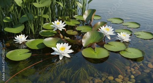 Serene Water Lilies Floating on Clear Water with Lush Green Lily Pads and Tall Reeds in Soft Natural Light