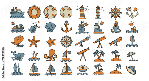 nautical themed icons featuring a ship lighthouse and seashell designs a collection of maritime adventure elements for seaside vacation graphics
