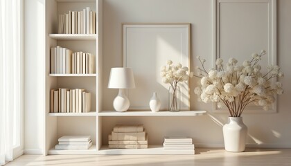 Beige interior features shelf with books vase with flowers and lamp. Styled in minimalist decor. Cozy neutral space for office staging. Photo frames accent white walls. Elegant interior design.