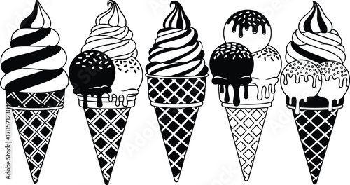 Delicious Ice Cream Cones Illustration – Variety of Swirled and Scooped Ice Cream Desserts with Toppings in Black and White Design