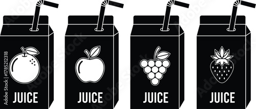 Fresh Fruit Juice Box Illustrations with Straw – Orange, Apple, Grape, and Strawberry Beverage Vector Design in Minimalist Style