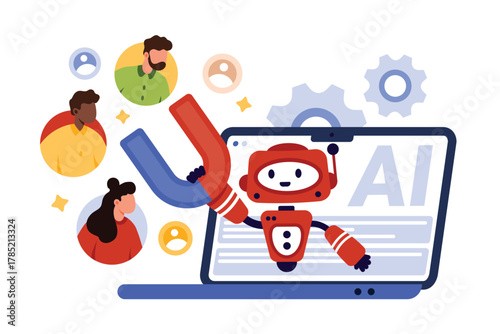 Social media marketing automation, AI tools to engage customers. Robot from laptop screen holding magnet to pull audience, attract traffic of visitors and clients cartoon vector illustration