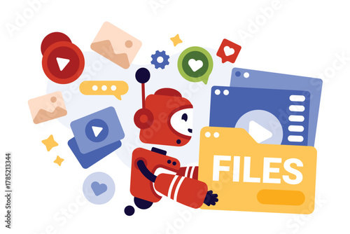 Automation of content creation, optimization of blog posts on social media using AI tools. Robot with folder full of digital data and creative ideas, images and videos cartoon vector illustration