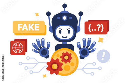 Risk and danger of fake news creation with AI, machine learning and misinformation. Hands of robot create fake reality with harmful information and algorithms of propaganda cartoon vector illustration