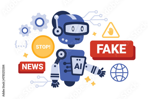 Stop fake news, AI technology control. Futuristic robot character and warning messages to stop creating fakes, influence of artificial intelligence on social media cartoon vector illustration