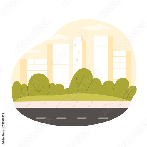 An urban oasis featuring a lush park in the foreground with a modern city skyline rising in the background under a soft sky isolated