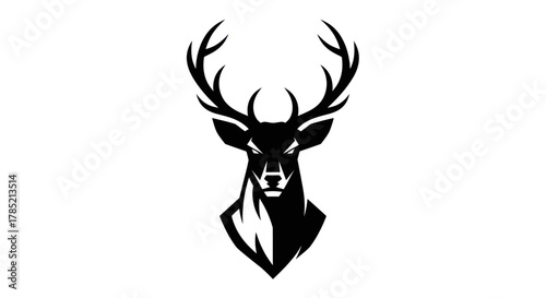 Bold silhouette of a stag head with antlers against a clean white background