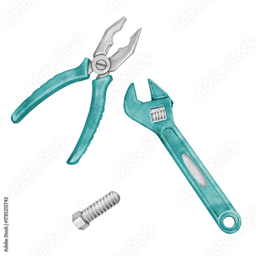 A set of colorful construction and repair tools. Toy pliers, a wrench, and a bolt for children. Watercolor cartoon illustration on a white background.