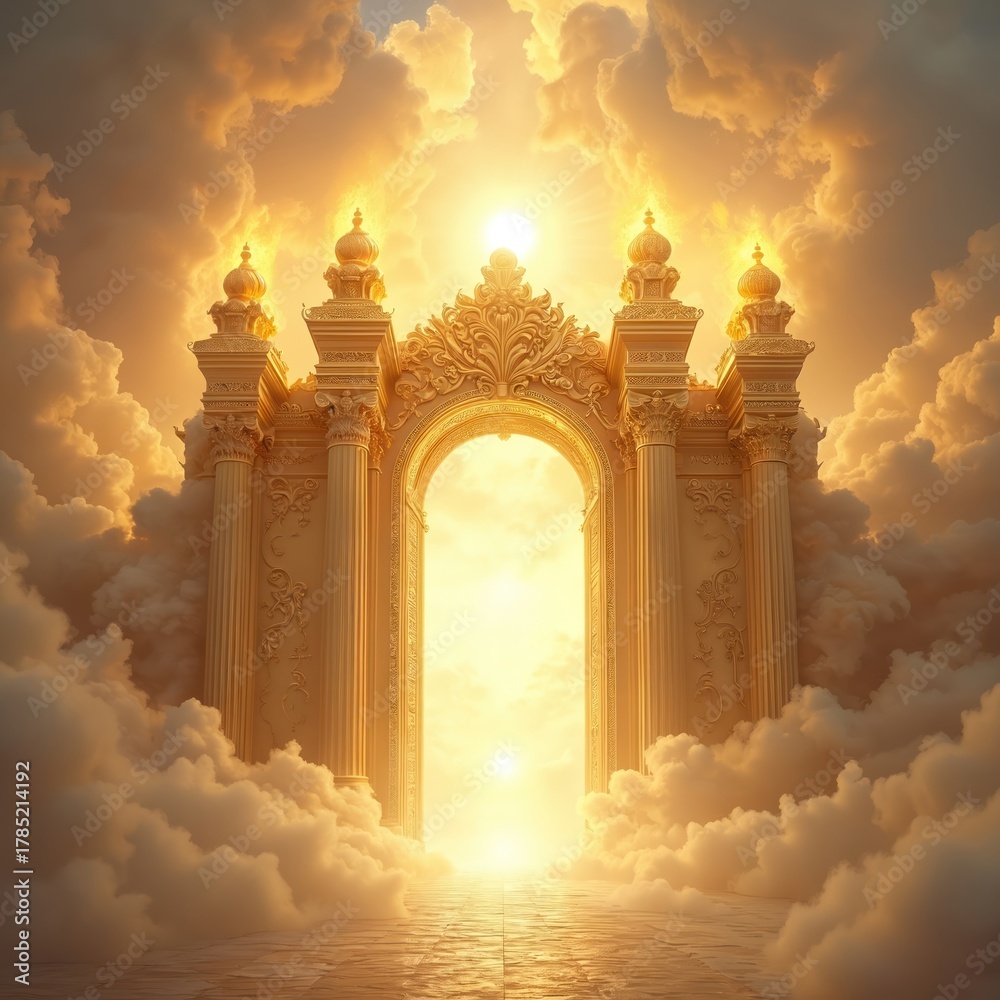 Fototapeta premium Majestic golden gates stand open in fluffy clouds, bright celestial light. Divine portal leads to heavenly realm promising eternal peace, spiritual fulfillment. Structure ornate, with grand columns,
